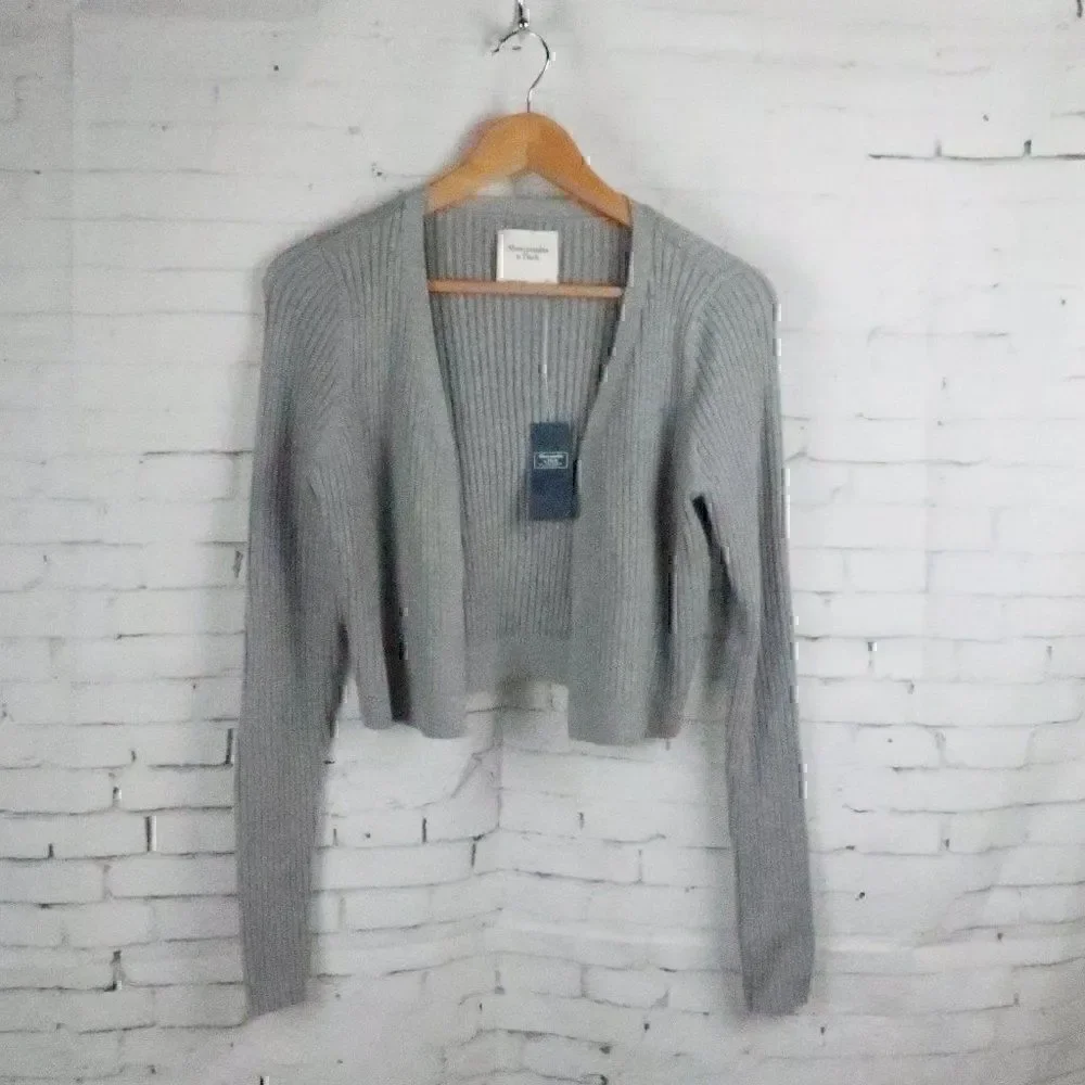ABERCROMBIE & FITCH GREY LONG SLEEVE RIBBED CROPPED OPEN CARDIGAN SWEATER SIZE S